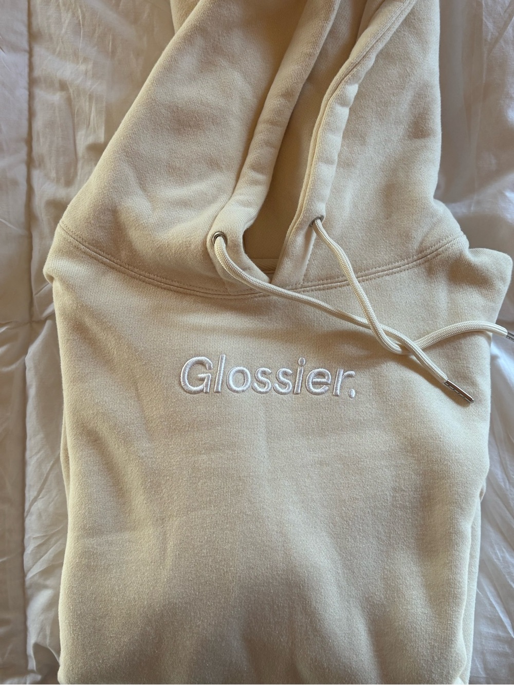 Glossier Hooded Sweatshirt in Cream with White Logo